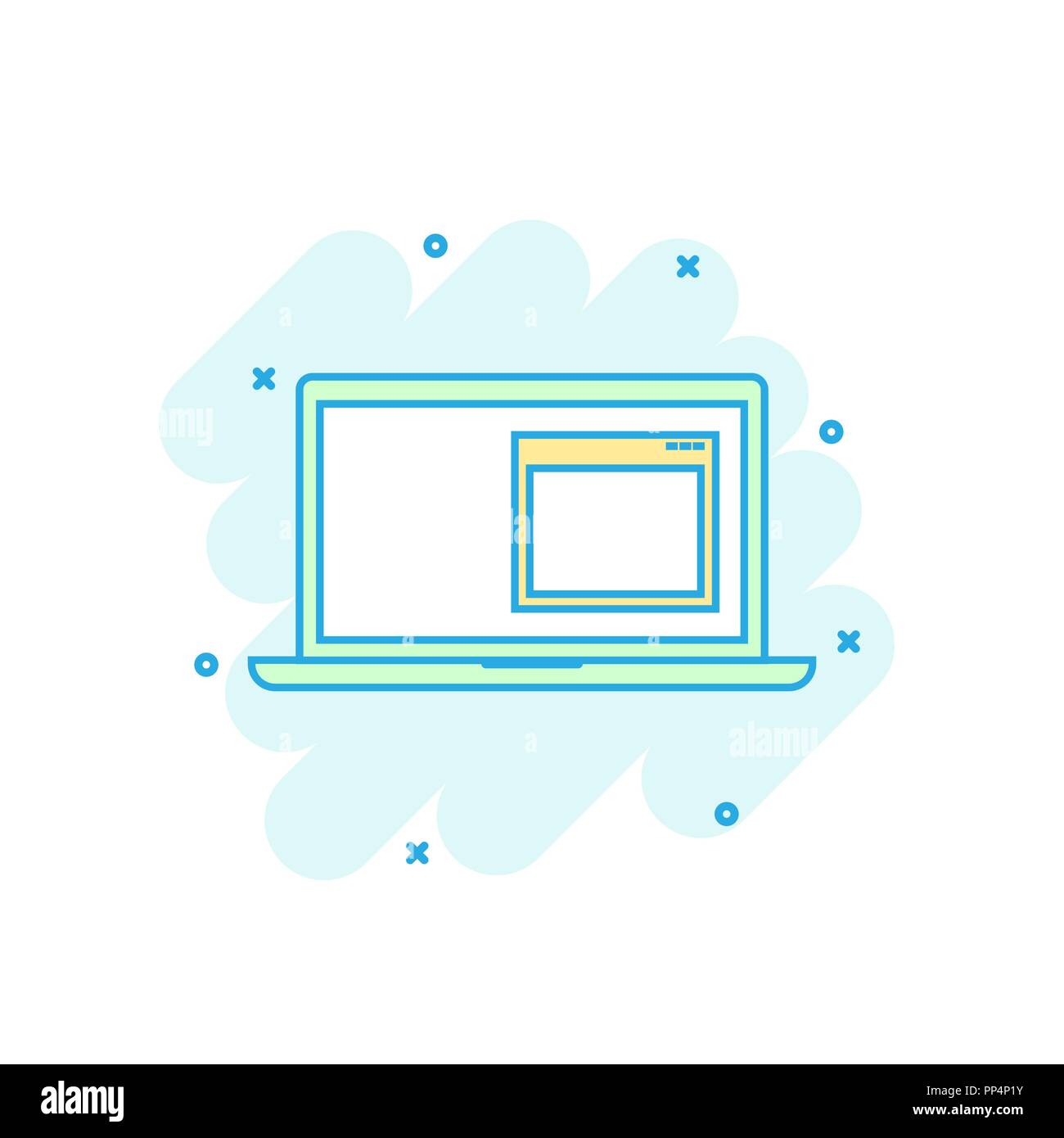 Cartoon colorato icona portatile in stile fumetto. Computer notebook illustrazione di segno pittogramma. Monitor Pc splash concetto aziendale. Illustrazione Vettoriale
