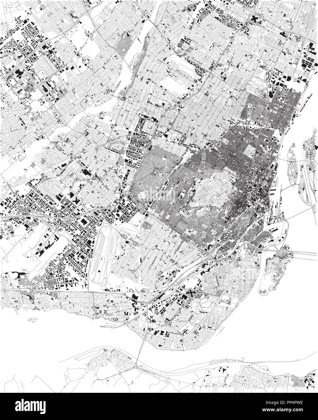 Mappa di Montreal, vista satellitare, bianco e nero mappa. Directory di strada e mappa della città. Canada Illustrazione Vettoriale