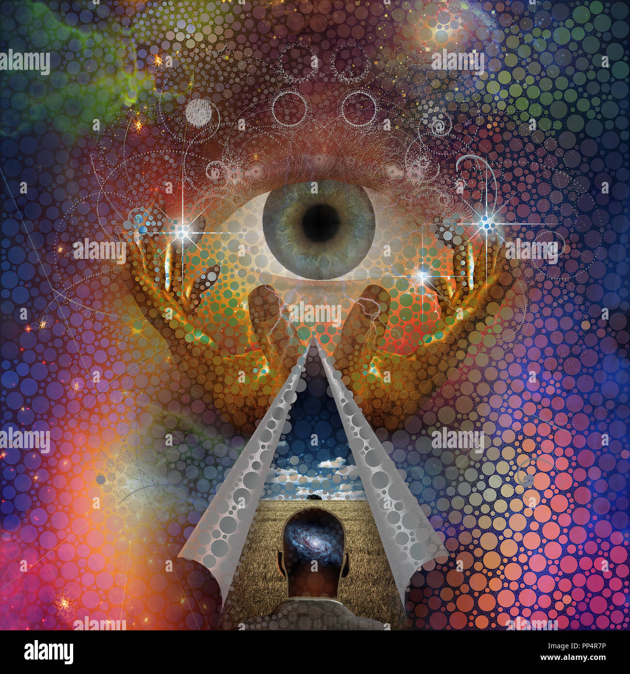 Una pittura astratta, pensieri umani. La fede in Dio. Il rendering 3D Foto Stock