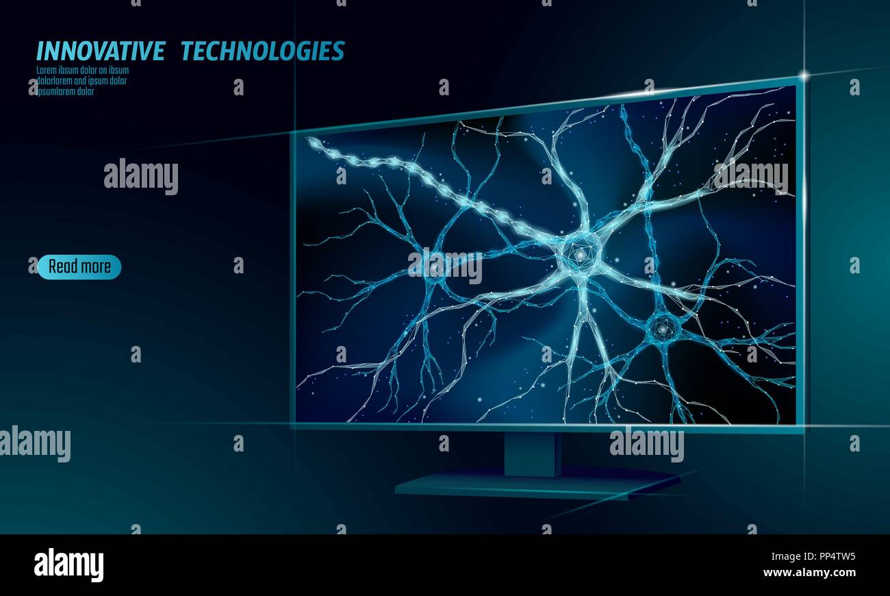 Neurone umano bassa poli anatomia del concetto. Rete neurale artificiale la tecnologia smart display casa di cloud computing. AI 3D astratto sistema di biologia. Blu poligonale incandescente illustrazione vettoriale Illustrazione Vettoriale