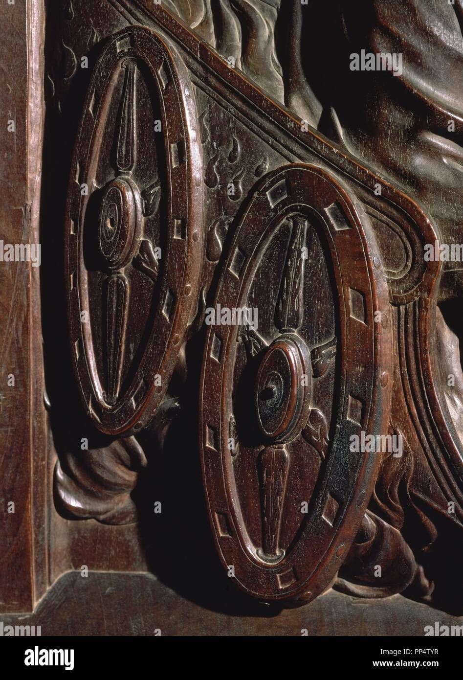 DETALLE DEL CARRO DE FUEGO DE SAN ELIAS - DETALLE DEL CORO ALTO DE LA CATEDRAL DE TOLEDO - siglo XVI - RENACIMIENTO ESPAÑOL. Autore: BERRUGUETE, Alonso. Posizione: CATEDRAL-CORO ALTO. Toledo. Spagna. Foto Stock