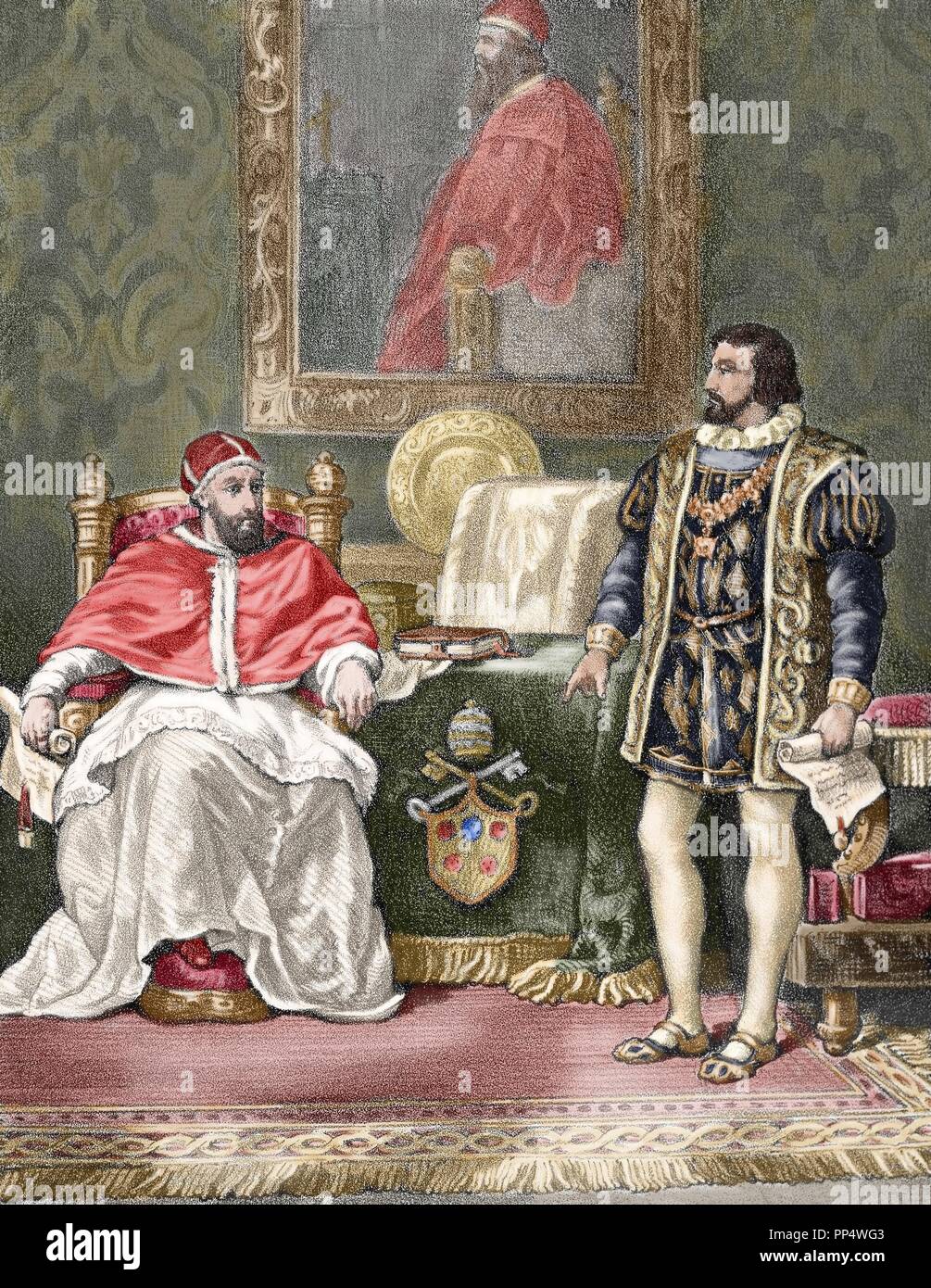 Clemente VII (1478Ð1534), nato Giulio di Giuliano de' Medici, papa dal 1523 al 1534, con il re di Francia Francesco I (1494-1547). Incisione colorata. Foto Stock