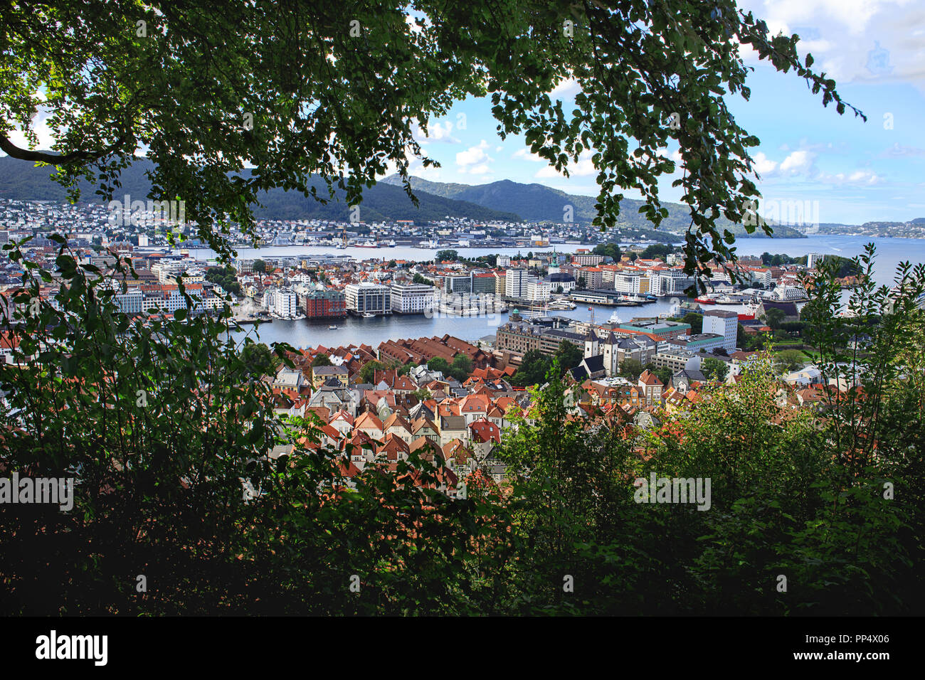 Vista di Bergen. Alberi, skyline, nuvole, Fjord, montagne, cityscape, bay, yacht, barche, chiesa, case, sui tetti della città. Norvegia, Scandinavia, turismo, un punto di riferimento. Foto Stock