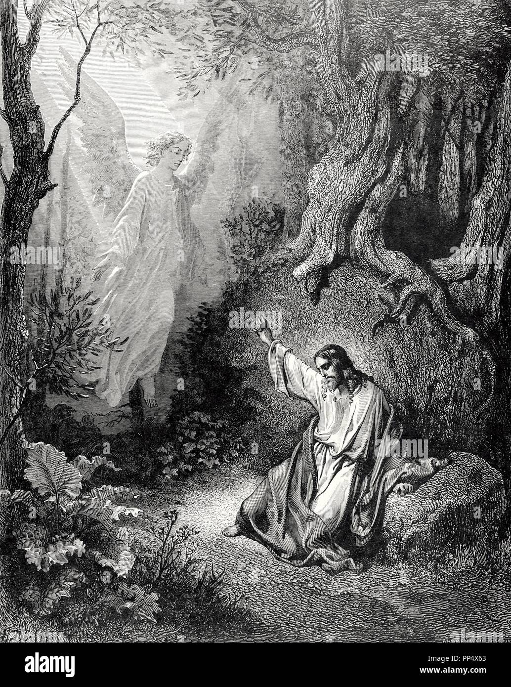 Il Nuovo Testamento. Vangelo di Luca. Capitolo XXII. Gesù sul monte degli Ulivi. Gustave Dore il disegno. Incisione di Pannemaker. Xix secolo. Foto Stock