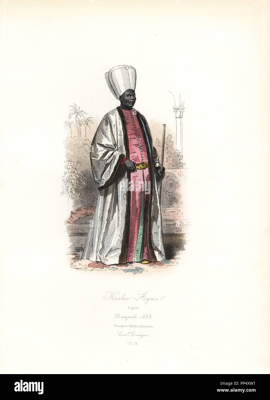 Agasi Kizlar, chief eunoch nero all'harem, seicento dopo Ragnal. Acciaio Handcolored incisione di Hippolyte Pauquet dai fratelli Pauquet 'Modi et costumi Etrangers Anciens et Modernes' (estera delle mode e dei costumi antichi e moderni), Paris, 1865. Hippolyte (b. 1797) e critica Polydor Pauquet (b. 1799) ha eseguito con successo una casa editrice di Parigi nel XIX secolo, specializzata in libri illustrati sul costume, uccelli, farfalle, anatomia e storia naturale. Foto Stock