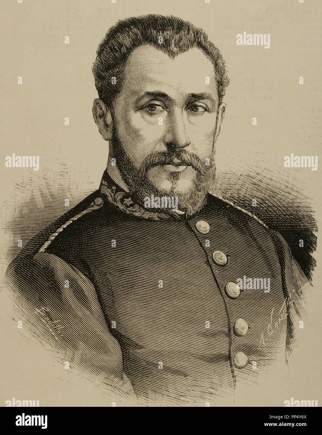 Ramon de Jaudenes y Alvarez (1841-1884). Militare spagnolo e cartografo. Incisione. 'La Ilustracion Española y Americana ", 1884. Foto Stock