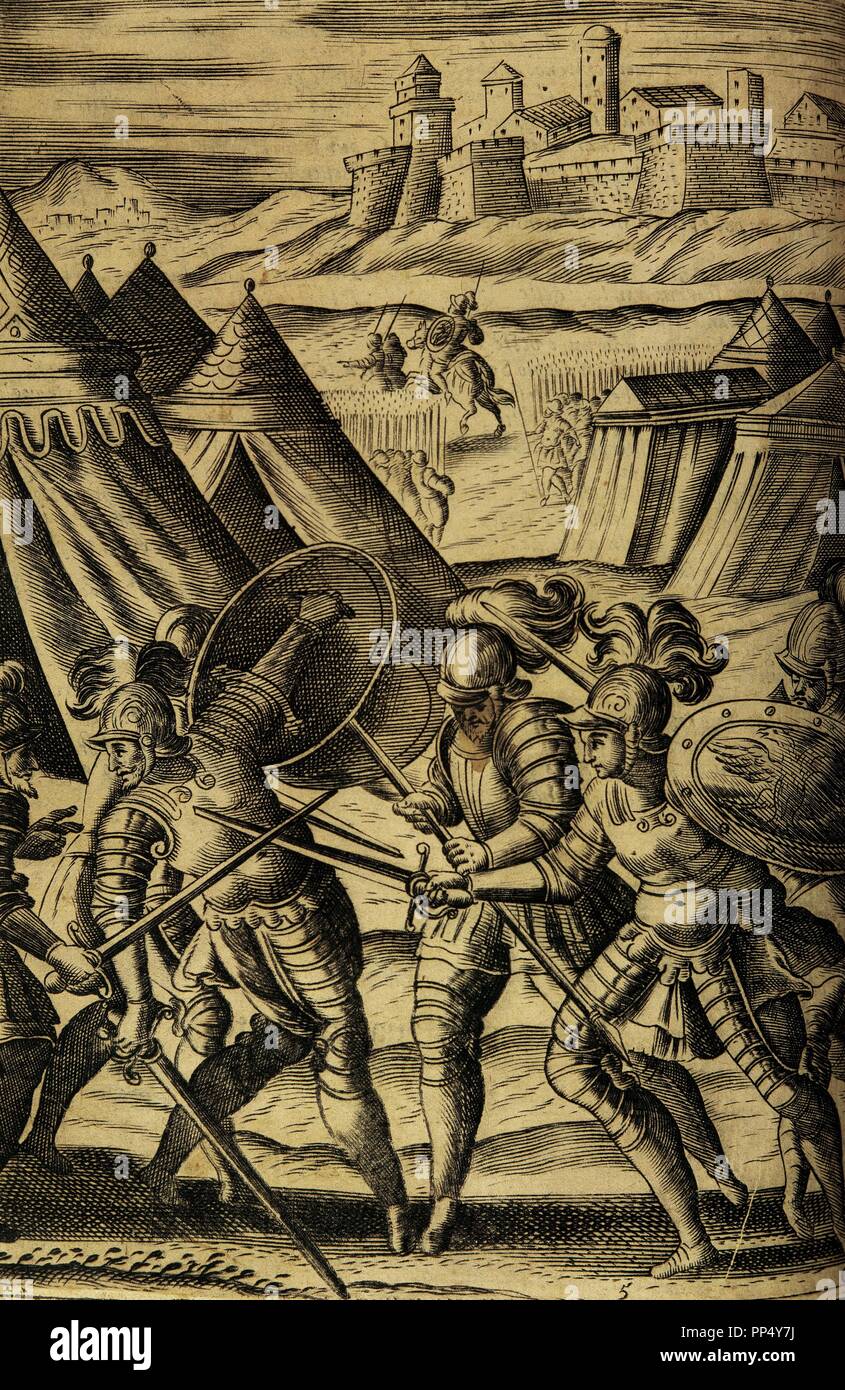 Torquato Tasso (1544-1595). Poeta italiano. La Gerusalemme Liberata (Gerusalemme consegnati), 1580. Incisione. Foto Stock