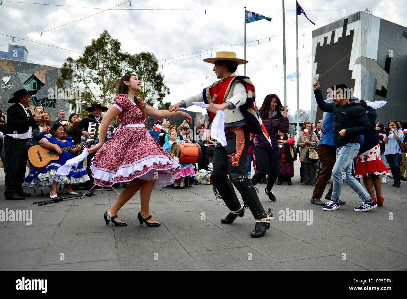 Fiestas Patrias, terra natale vacanze, il cileno celebrazione della festa nazionale presso la Federation Square a Melbourne VIC, Australia, 18 settembre 2018 Foto Stock