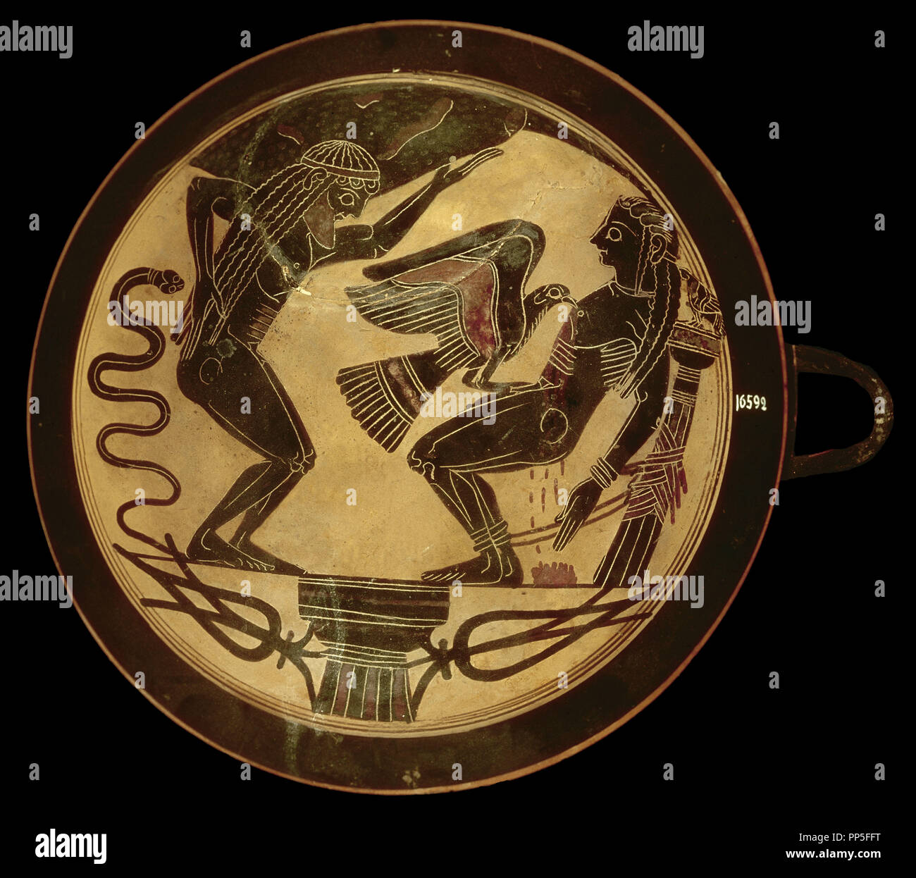 Scuola greca. Zeus punisce Prometeo che ha rubato il fuoco da lui a dare ai comuni mortali. Kylix con sfondo chiaro. Vaticano, museo. Autore: ARCESILAS / ARQUESILAS. Posizione: MUSEOS VATICANOS-Museo Gregoriano Etrusco. VATICANO. Foto Stock