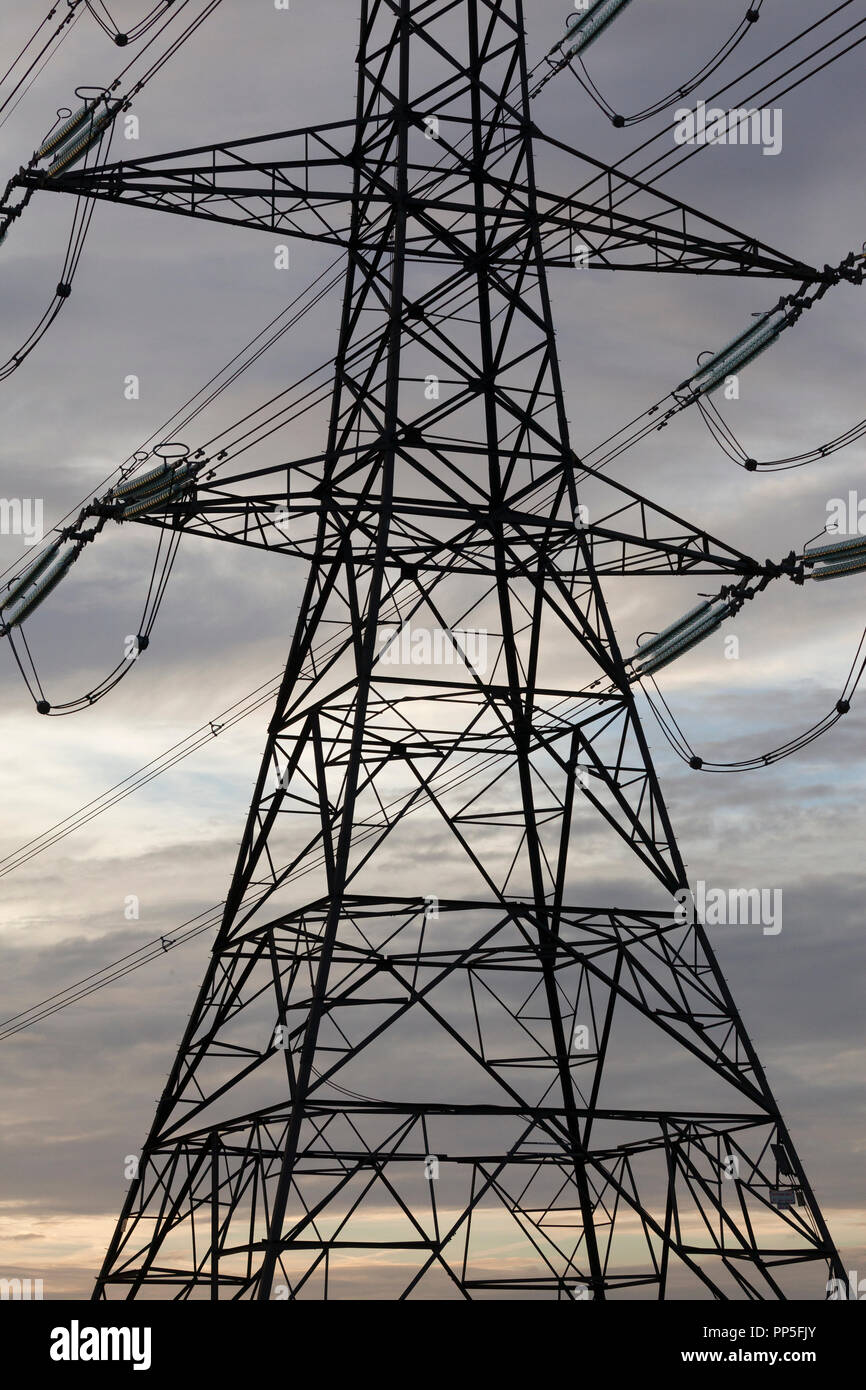 Elettricità piloni o torri di trasmissione che porta di linee elettriche ad alta tensione e a cavi sospesi al di sopra di terra come parte della rete nazionale di distribuzione alimentazione di rete Foto Stock
