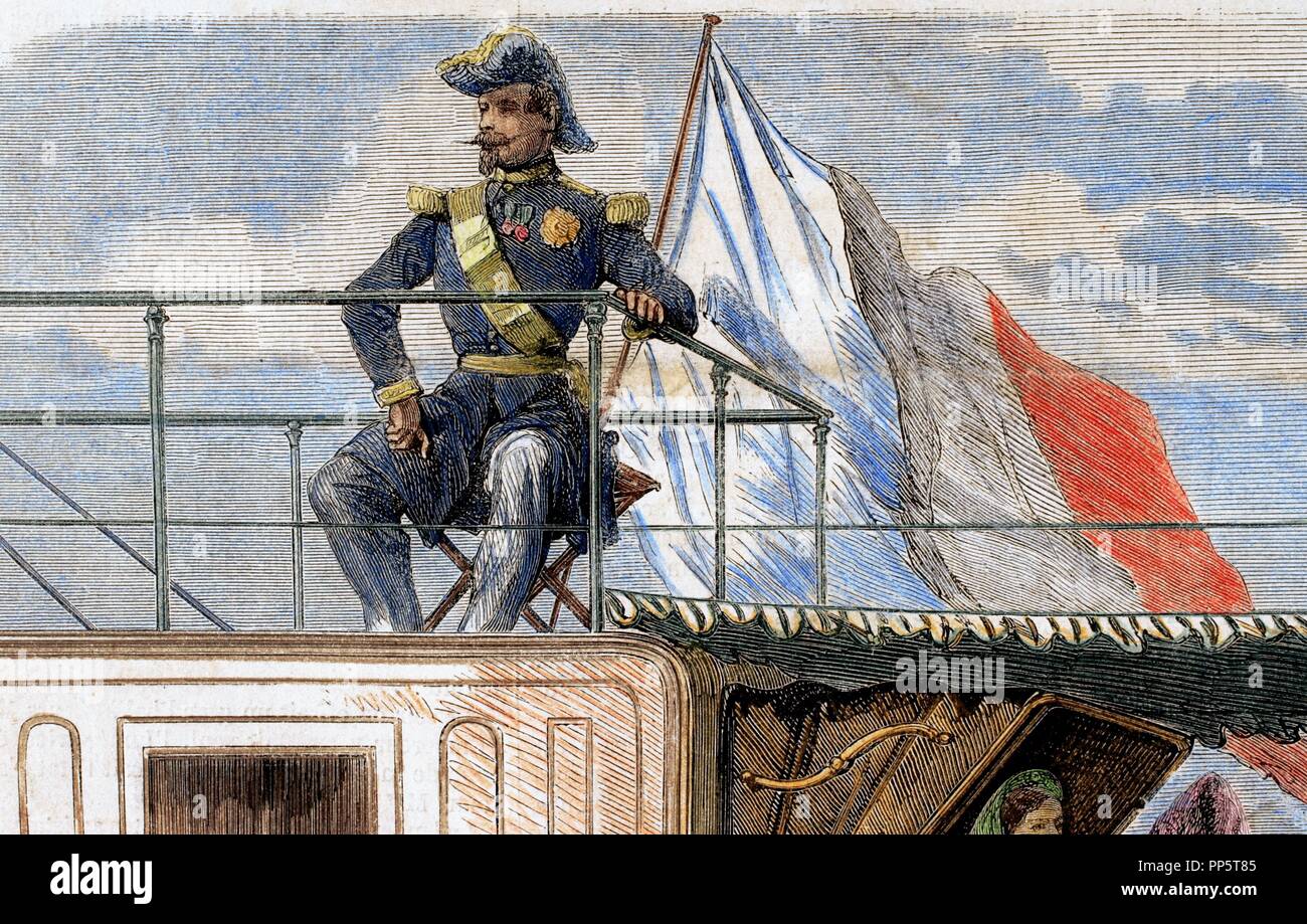 Napoleone III (1808-1873). Imperatore dei Francesi (1852-1870.) sul bordo dell'Aigle. Pubblicato in L'illustrazione, Journal Universel, Parigi, 1860. Incisione colorata. Foto Stock Napoleone III (1808-1873). Imperatore dei Francesi (1852-1870.) sul bordo dell'Aigle. Pubblicato in L'illustrazione, Journal Universel, Parigi, 1860. Incisione colorata. Foto Stock