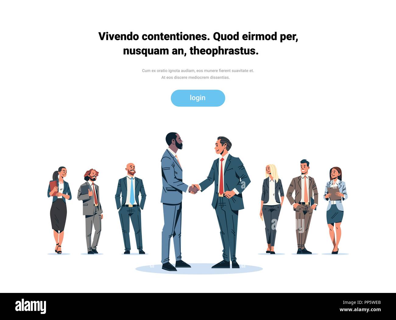 Imprenditori accordo di handshake concetto mix gara uomini business team leader agitare a mano il partenariato internazionale la comunicazione dei cartoni animati di piatto isolato per tutta la lunghezza orizzontale dello spazio di copia Illustrazione Vettoriale