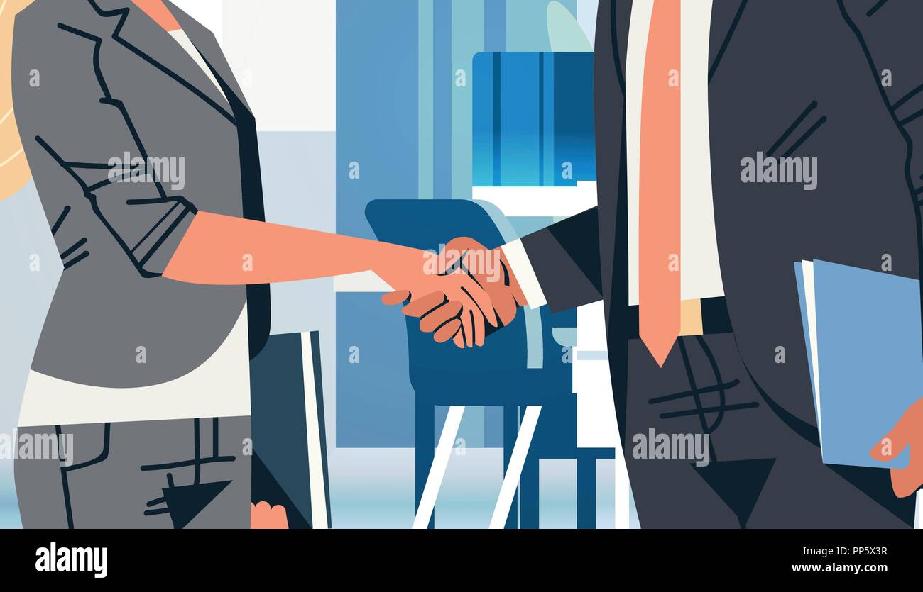 Imprenditore donna accordo di handshake trattare concetto business persone comunicazione partnership ufficio moderno interno maschio femmina cartoon di carattere orizzontale piana Illustrazione Vettoriale