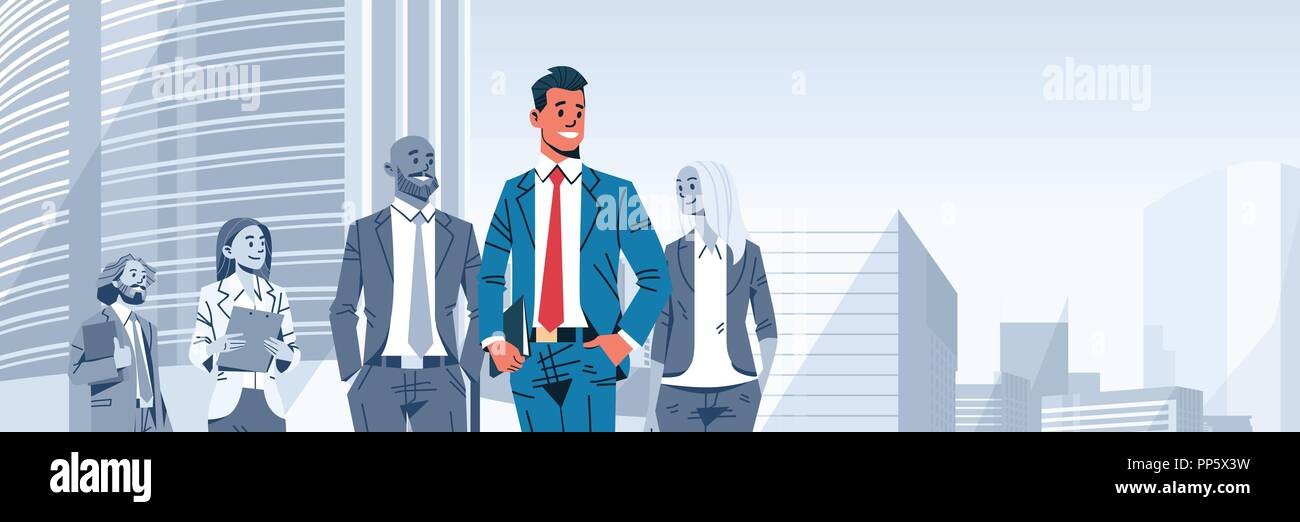 Imprenditore leader del team boss spiccano la gente di affari di gruppo leadership individuale Concept cartoon maschio personaggio ritratto cityscape sfondo banner orizzontale piatta Illustrazione Vettoriale