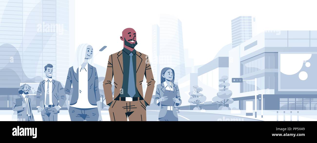 Testa calva imprenditore leader del team boss spiccano la gente di affari di gruppo leadership individuale Concept cartoon maschio personaggio ritratto cityscape sfondo banner orizzontale piatta Illustrazione Vettoriale