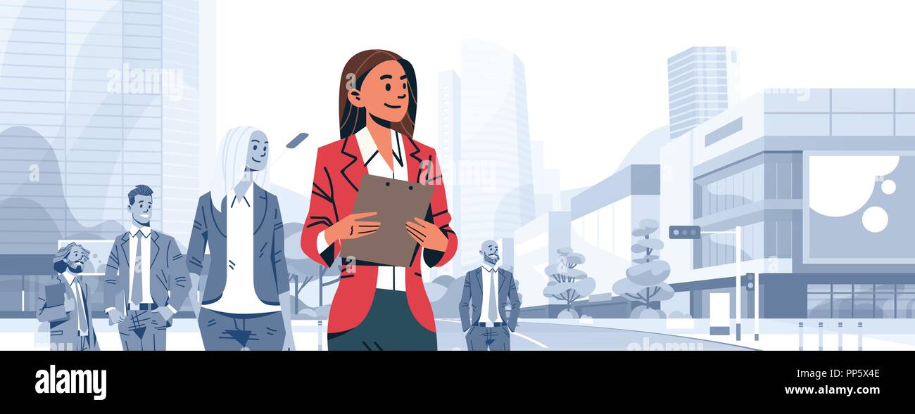 Imprenditrice leader del team boss spiccano la gente di affari di gruppo leadership individuale Concept cartoon femmina personaggio ritratto cityscape sfondo banner orizzontale piatta Illustrazione Vettoriale