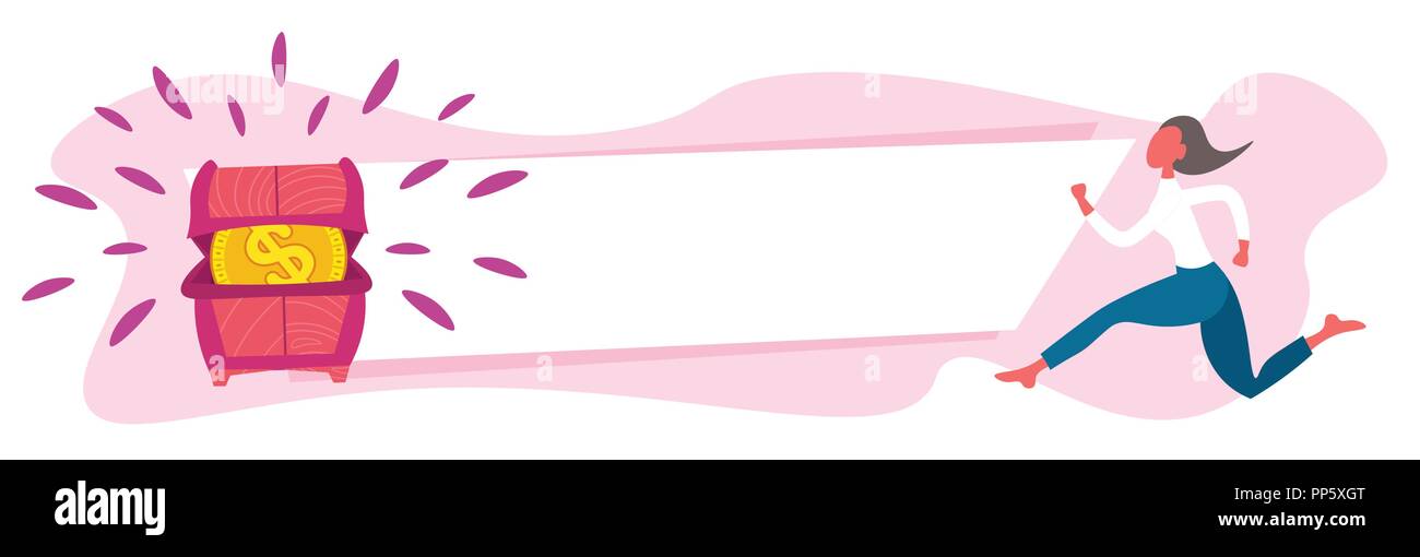 Imprenditrice acceso tesoro dower scrigno pieno di monete del dollaro di denaro ricchezza crescita concetto orizzontale piana banner scheda vuota dello spazio di copia Illustrazione Vettoriale