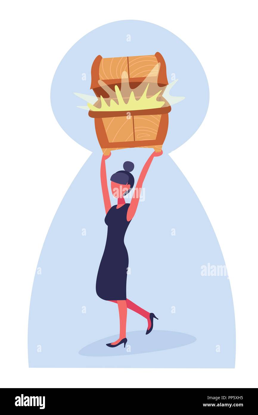 Imprenditrice azienda tesoro dower scrigno pieno golden denaro ricchezza crescita concetto sfondo keyhole business donna strategia di successo dei cartoni animati di pieno piatto verticale di lunghezza Illustrazione Vettoriale