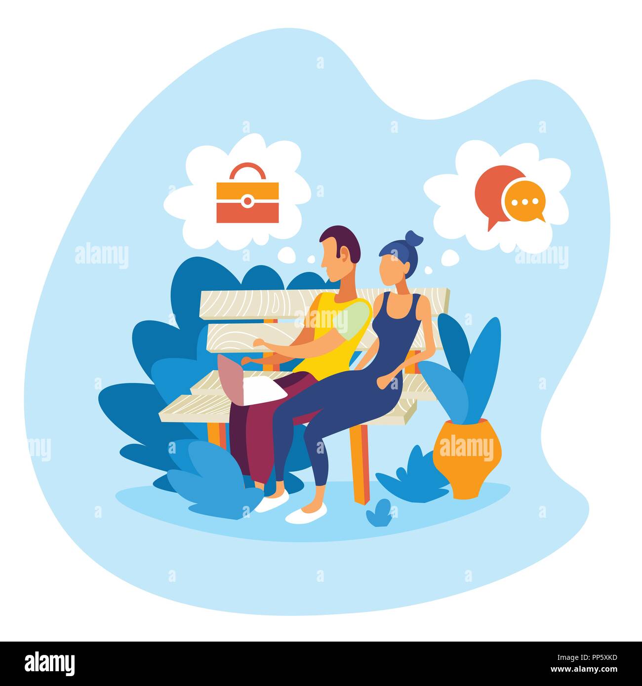 Casual giovane seduta panca in legno uomo donna utilizzando laptop bubble dream concetto di comunicazione maschio femmina personaggio dei fumetti a piena lunghezza flat Illustrazione Vettoriale