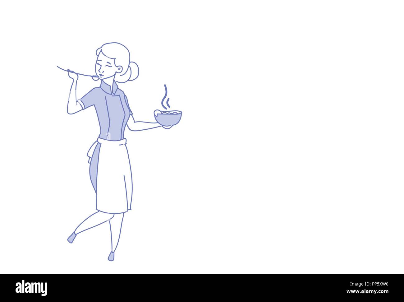 Lo chef femmina cuocere la zuppa di degustazione donna capo ristorante cibo uniforme la cottura di concetto schizzo doodle Illustrazione Vettoriale