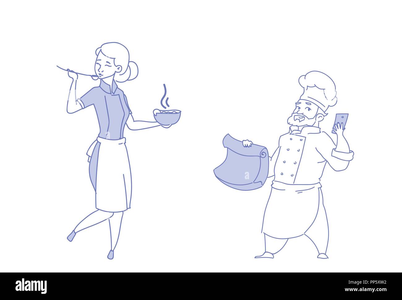 Giovane maschio femmina chef zuppa di degustazione del lavoro di squadra donna uomo ristorante cibo uniforme la cottura insieme concetto schizzo doodle Illustrazione Vettoriale