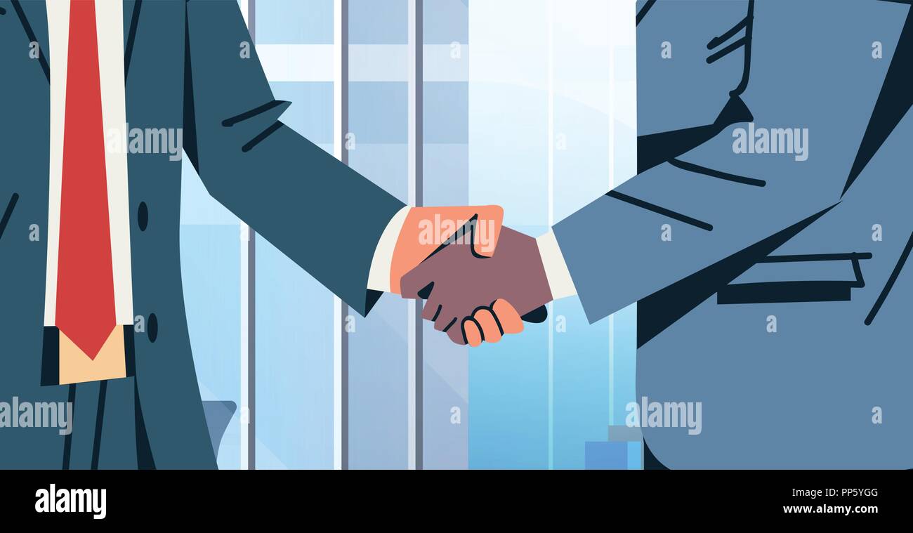 Imprenditori accordo di handshake trattare concetto mix gara uomini d' affari comunicazione partnership ufficio moderno interno cartoon maschio carattere orizzontale piana Illustrazione Vettoriale