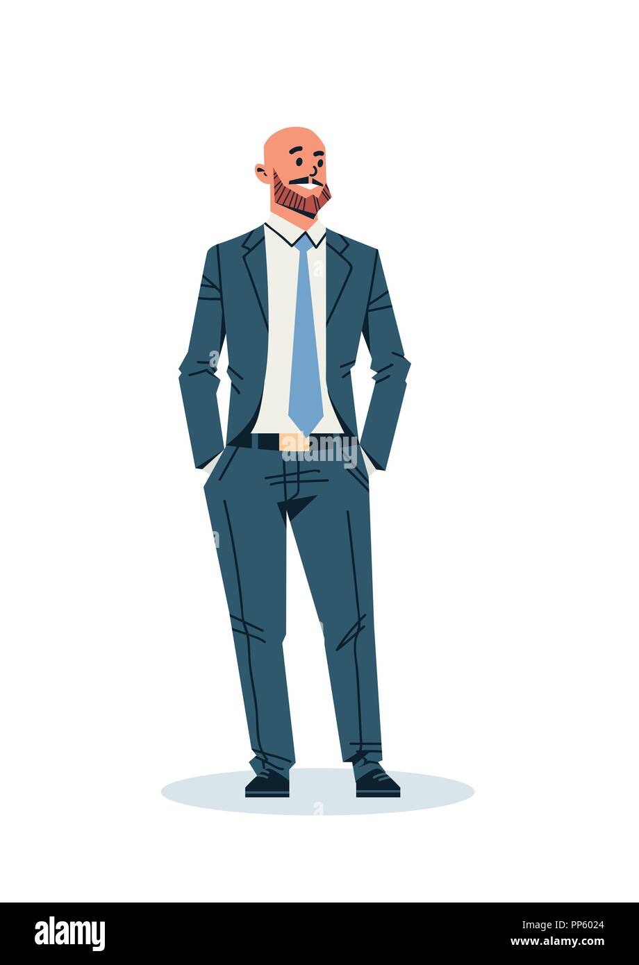 Imprenditore tenendo le mani in tasca il business man lavoratore di ufficio maschio personaggio dei cartoni animati isolato pieno piatto verticale di lunghezza Illustrazione Vettoriale