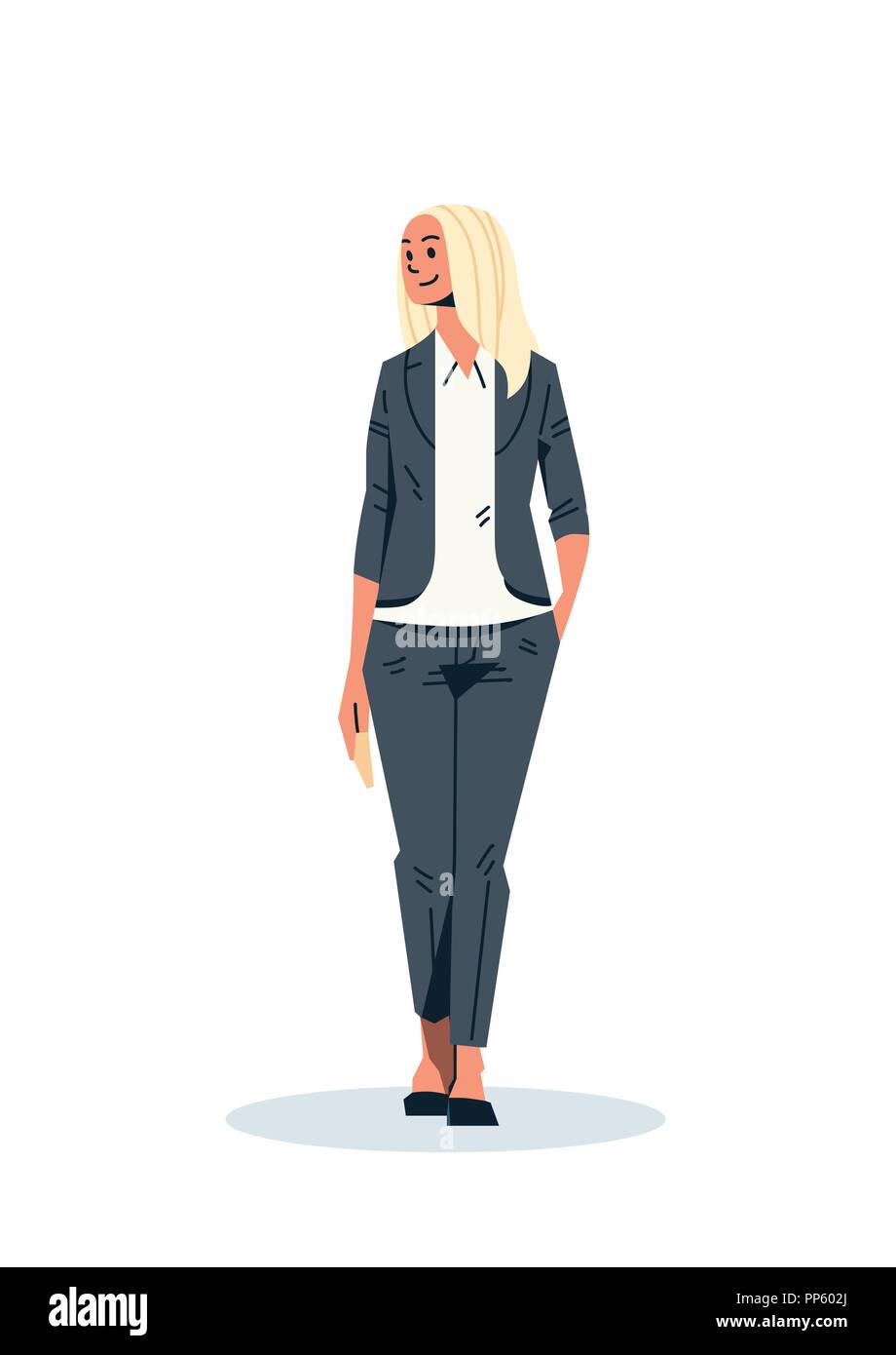 La bionda imprenditrice mano pocket business donna lavoratore di ufficio femmina personaggio dei cartoni animati flat a piena lunghezza verticale isolato Illustrazione Vettoriale