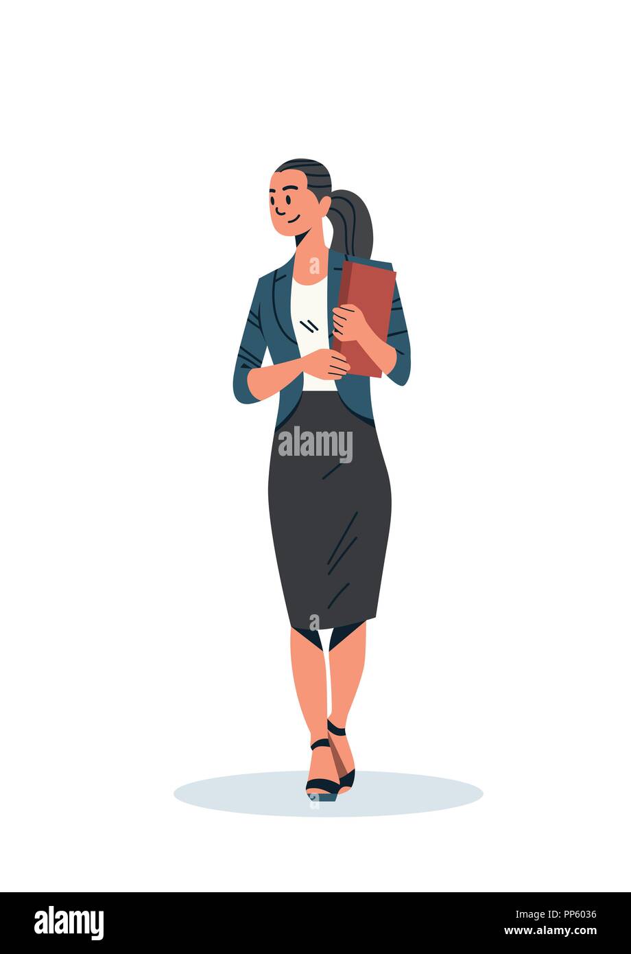 Brunette imprenditrice azienda checklist business donna lavoratore di ufficio femmina personaggio dei cartoni animati flat a piena lunghezza verticale isolato Illustrazione Vettoriale