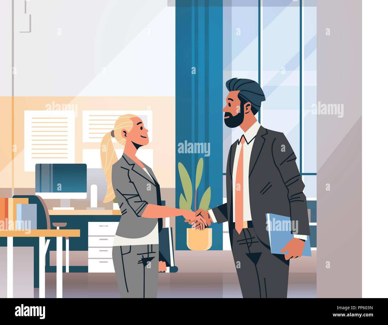 Azienda giovane handshake nozione di accordo imprenditore donna agitare a mano il partenariato comunicazione ufficio moderno interno femmina maschio personaggio dei fumetti piana orizzontale verticale Illustrazione Vettoriale