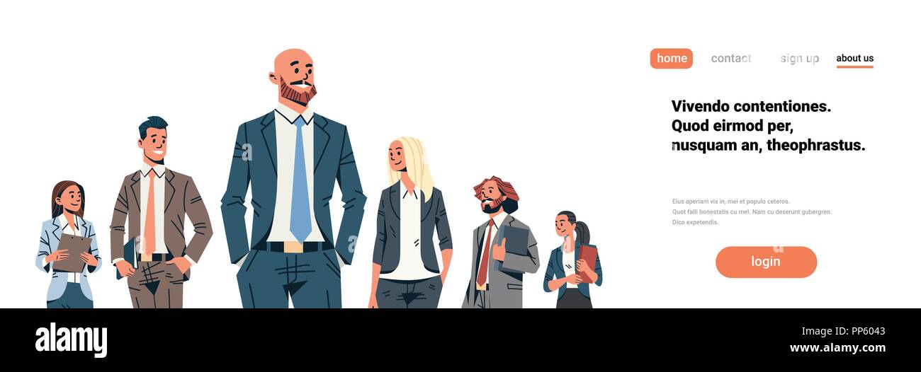 La gente di affari del team leader imprenditori donna in piedi insieme il concetto di leadership maschile femminile personaggio dei fumetti ritratto isolato banner orizzontale piana spazio di copia Illustrazione Vettoriale