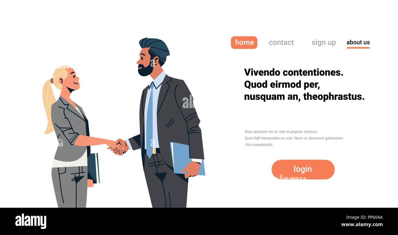 Azienda giovane handshake nozione di accordo imprenditore donna agitare a mano il partenariato comunicazione femmina maschio personaggio dei fumetti isolato ritratto piana orizzontale dello spazio di copia Illustrazione Vettoriale