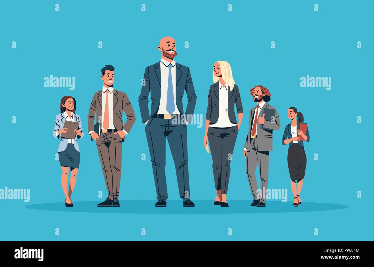 La gente di affari di team leader leadership concetto imprenditori donne sfondo blu maschio femmina personaggio dei fumetti a lunghezza intera piana orizzontale Illustrazione Vettoriale