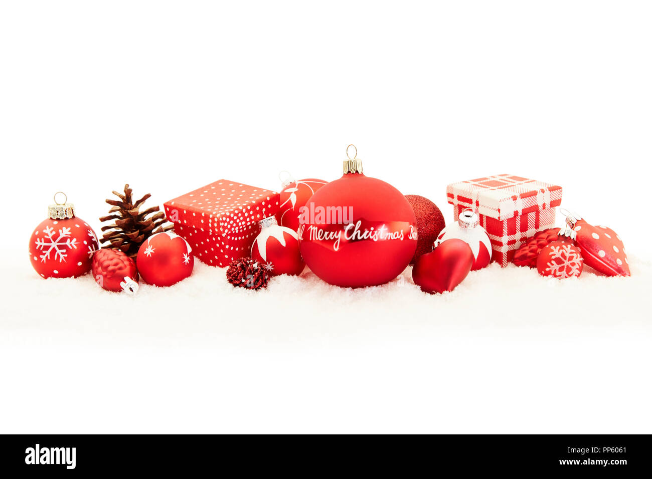 Merry Christmas card con sfondo rosso della decorazione Foto Stock