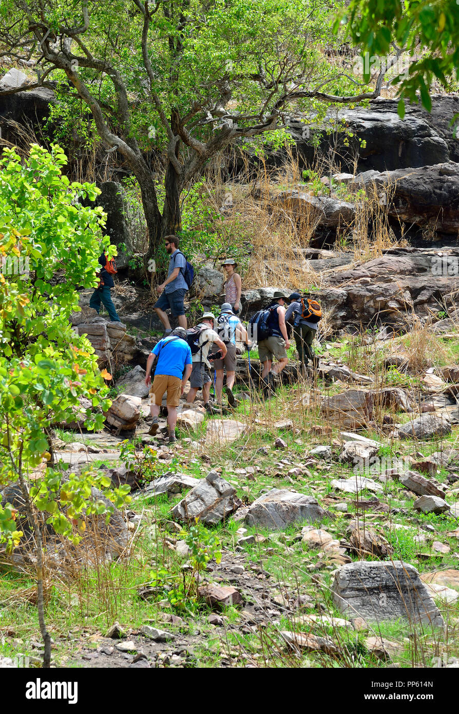 Guida locale conduce una gita fino Injalak Hill (Long Tom Dreaming) con la sua famosa rock gallerie d'arte,Gunbalanya in Arnhem Land,Northern Territory, Australia Foto Stock