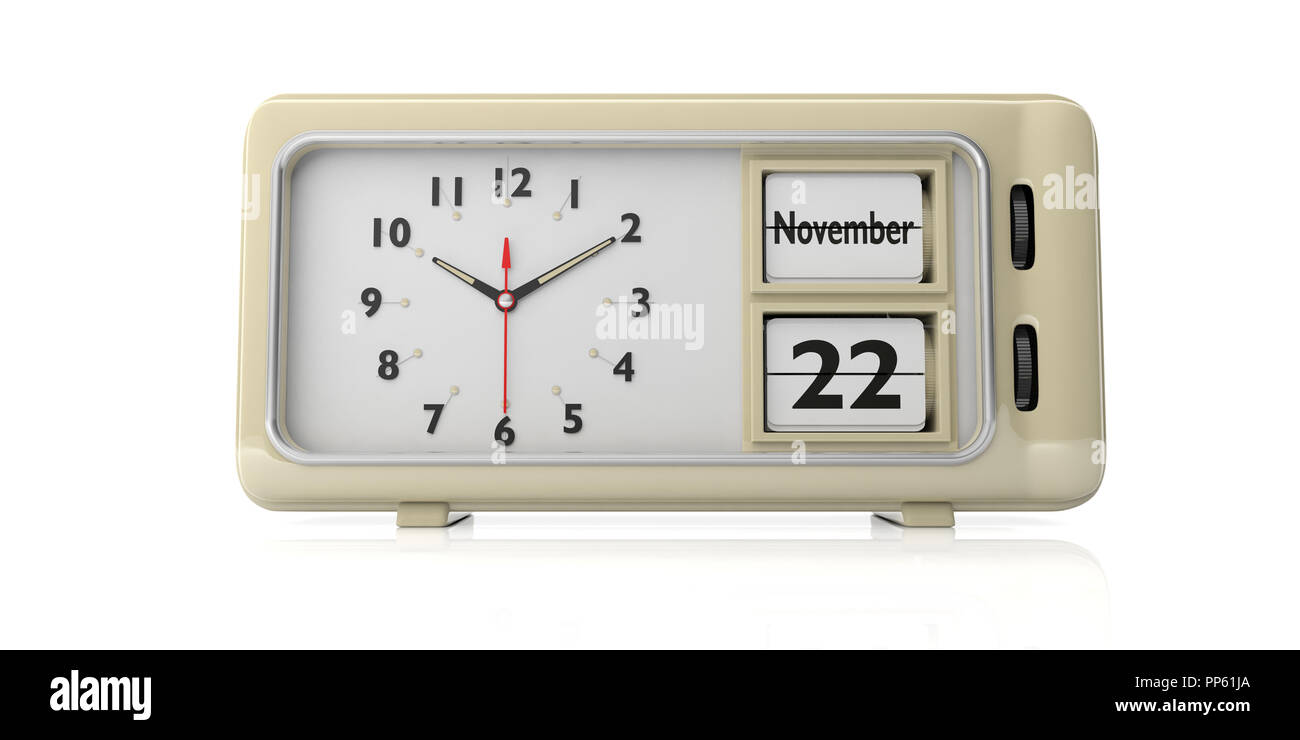 Ringraziamento 2018 concept. Retrò orologio sveglia con ringraziamento 2018 Data, Novembre 22 isolato su sfondo bianco. 3d illustrazione Foto Stock