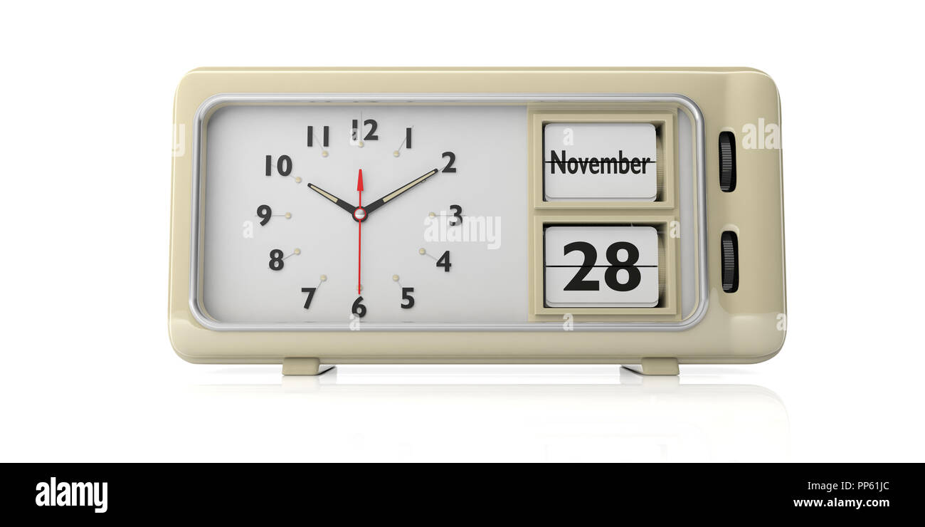 Ringraziamento 2019 concept. Retrò orologio sveglia con ringraziamento 2019 Data, 28 novembre isolati su sfondo bianco. 3d illustrazione Foto Stock