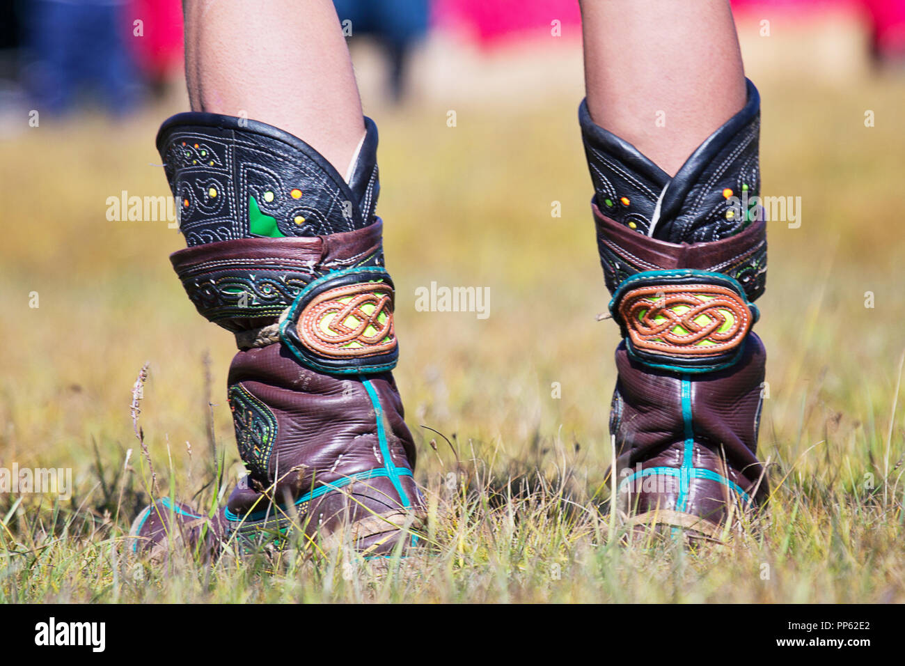 Mongolian Wrestling scarponi al torneo al Naadam Festival, Khatgal, Mongolia Foto Stock