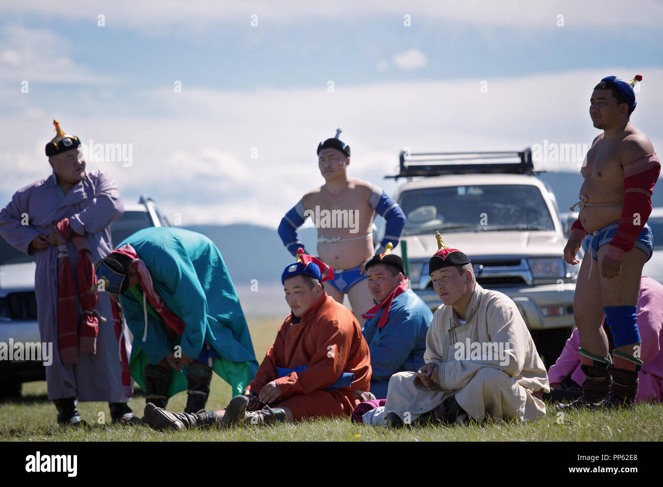 Wrestler mongolo al torneo al Naadam Festival, Khatgal, Mongolia Foto Stock