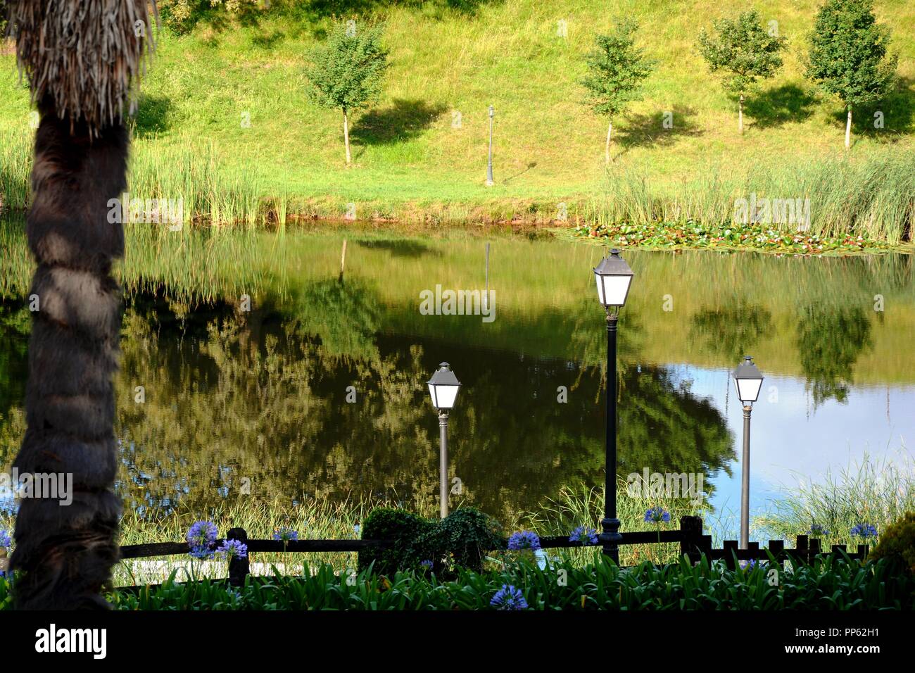 Il lago con lampade stradali Foto Stock