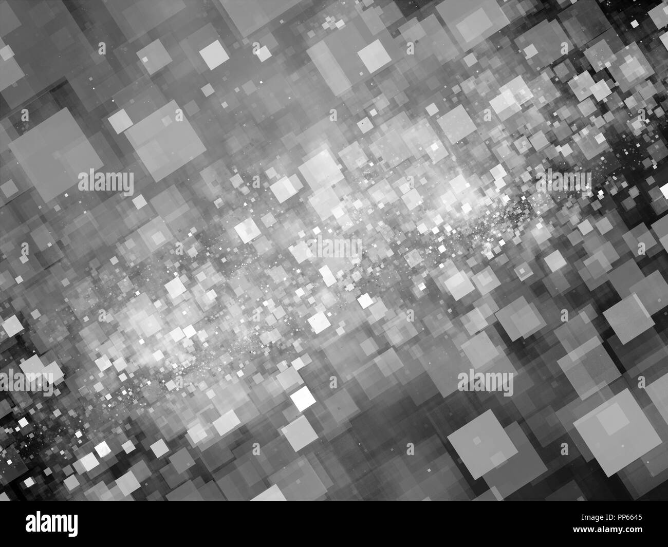 Big Bang delle future tecnologie, battenti bokeh piastrelle, in bianco e nero generato dal computer sfondo astratto, rendering 3D Foto Stock