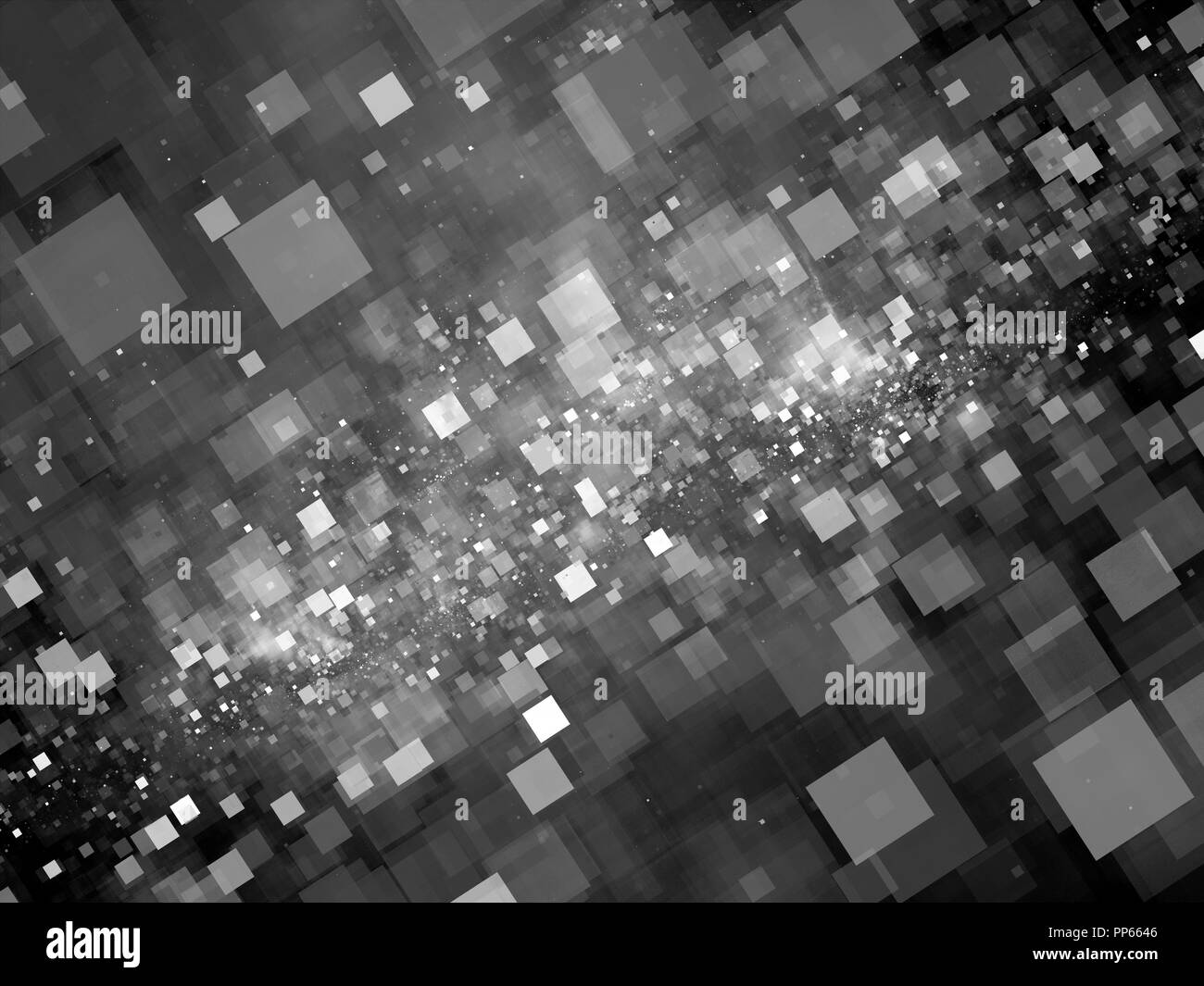 Flying incandescente piastrelle nello spazio in bianco e nero, big i dati generati da computer sfondo astratto, rendering 3D Foto Stock