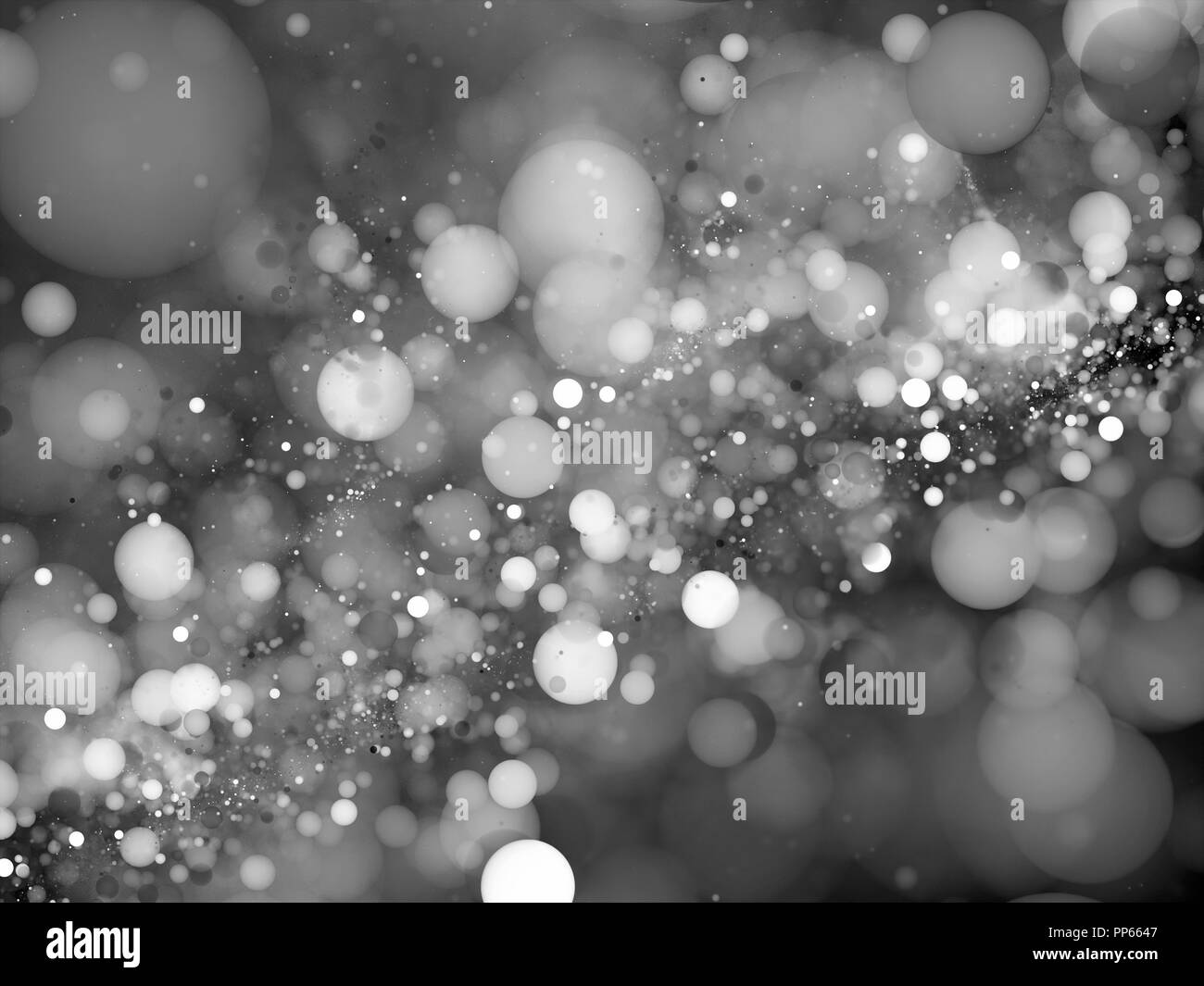 Incandescente grandi bolle di dati in bianco e nero, la profondità di campo generata da computer sfondo astratto, rendering 3D Foto Stock