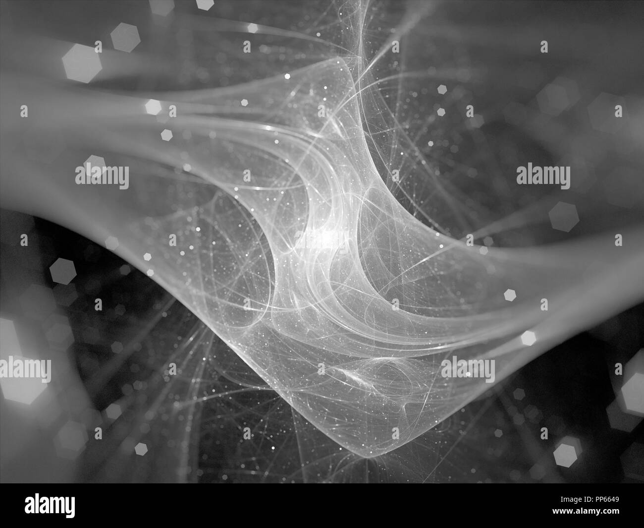 Incandescente la nuova tecnologia nelle profondità dello spazio in bianco e nero, generato dal computer sfondo astratto, rendering 3D Foto Stock