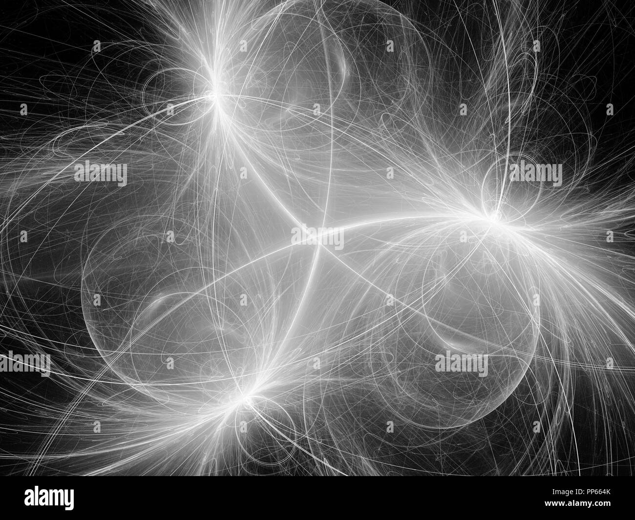 Incandescente neon simmetrica traiettorie nello spazio bianco e nero, nuova tecnologia generata da computer sfondo astratto, rendering 3D Foto Stock