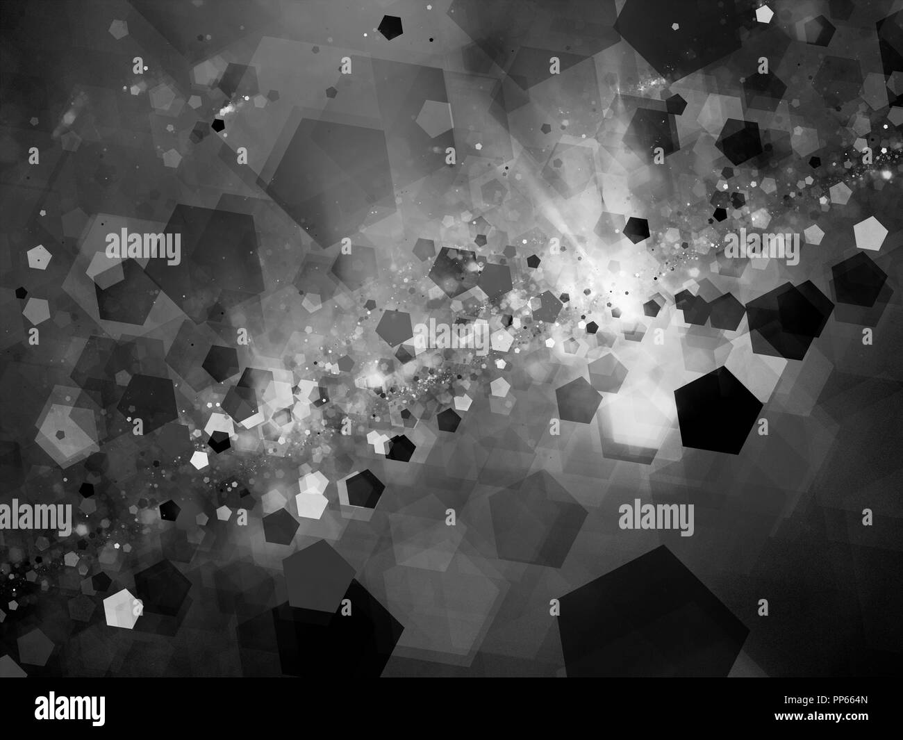 La nebulosa incandescente nello spazio con particelle del Pentagono in bianco e nero, generato dal computer sfondo astratto, in bianco e nero Foto Stock