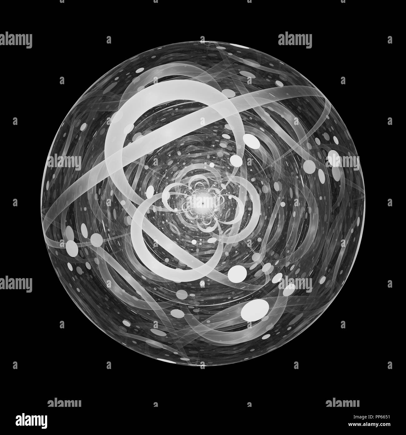 Incandescente DNA nella cellula artificiale in bianco e nero, generato dal computer sfondo astratto, rendering 3D Foto Stock