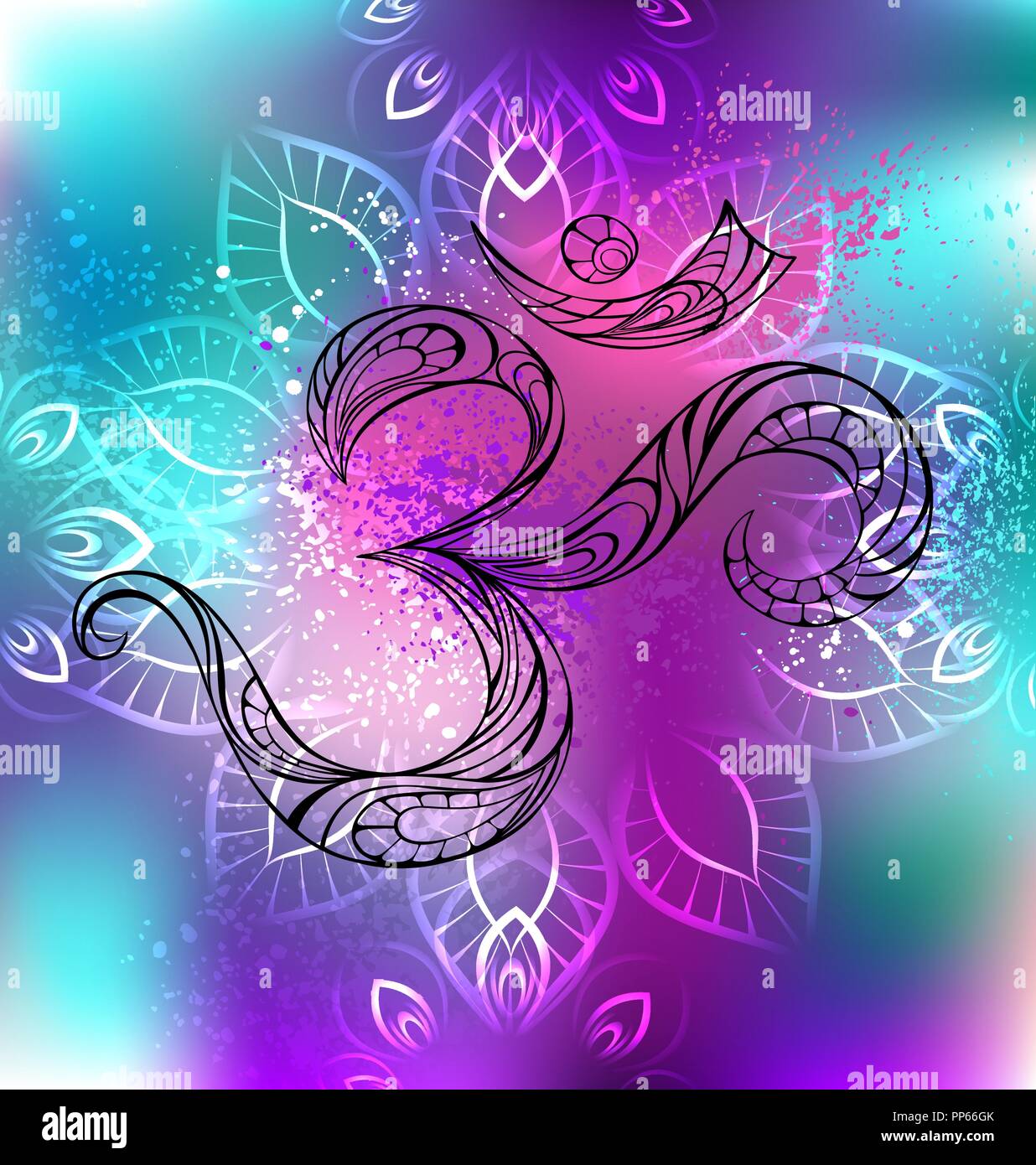 Simbolo di contorno Om in un iridato, sfondo multicolore, sfondo ombreggiato con mandala. Illustrazione Vettoriale