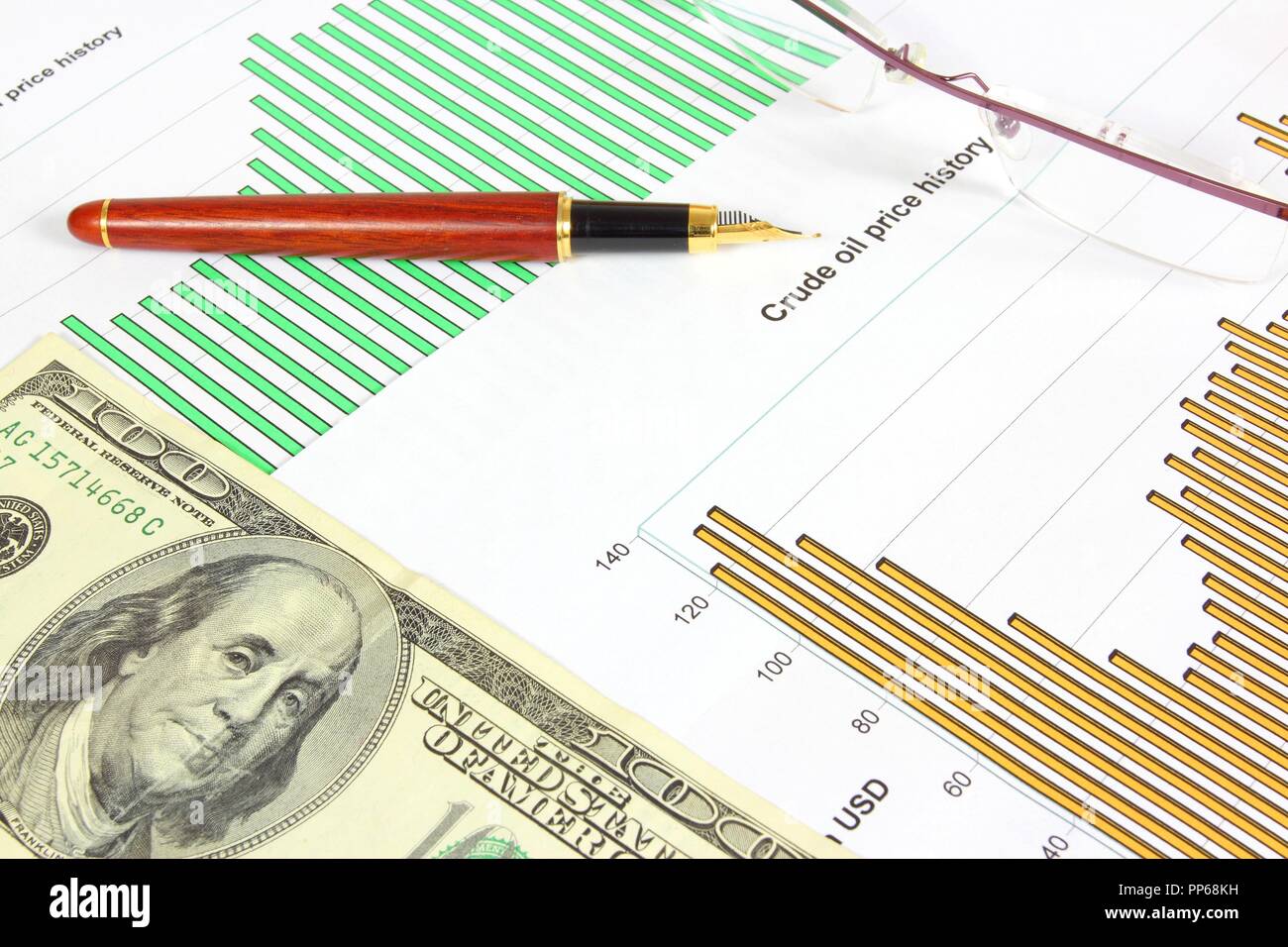 Gli oggetti business - Olio greggio prezzo grafico, 100 dollari e bicchieri. Piano finanziario. Foto Stock