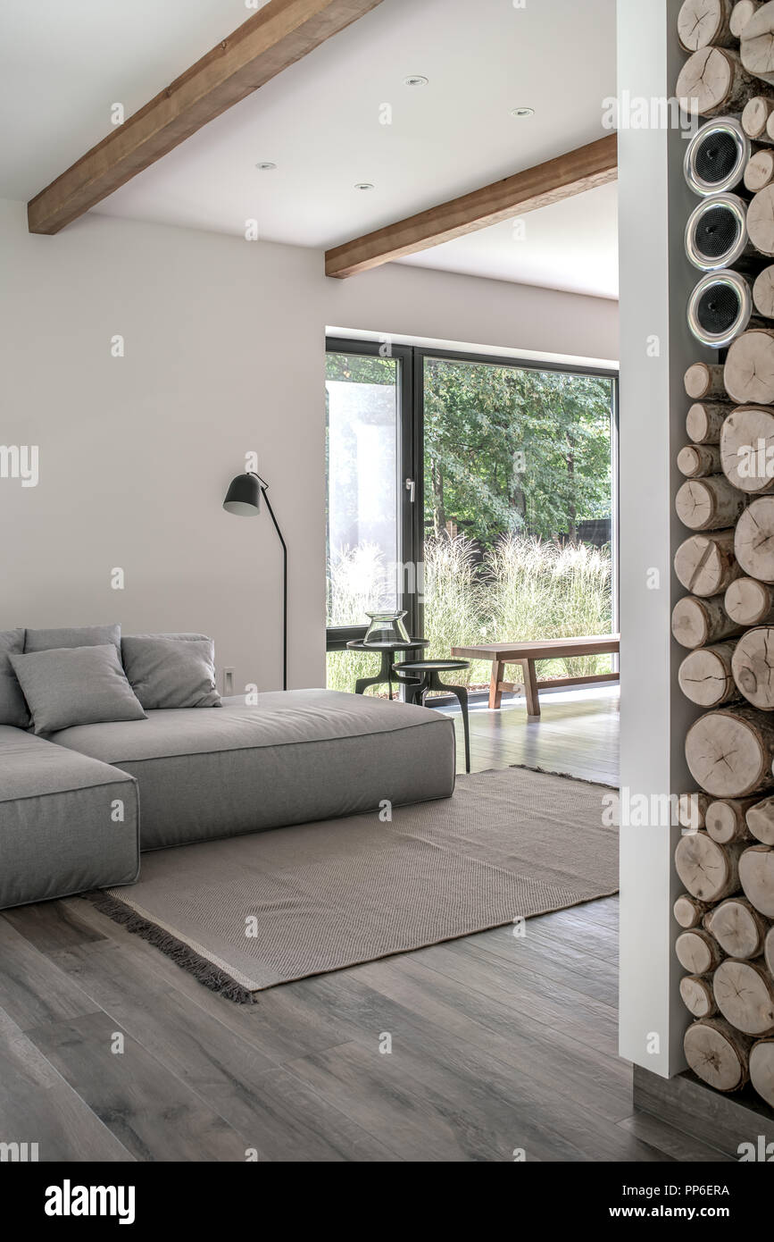 Camera in stile moderno con pareti bianche e travi di legno sul soffitto e  pavimenti in parquet con un tappeto. Vi è un divano, rotonda in metallo di  colore nero si erge,